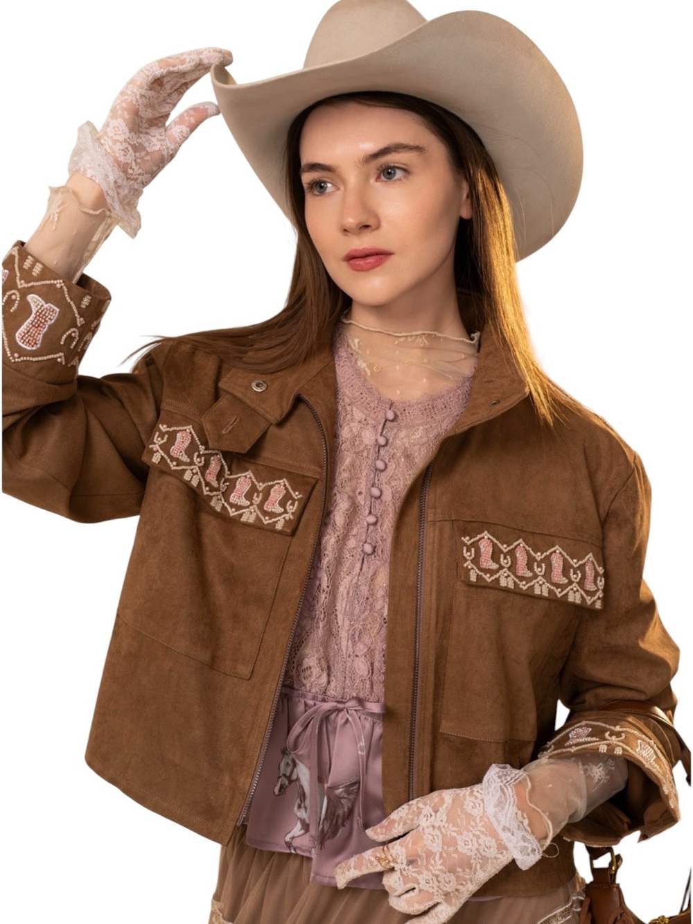 NEW blue b Dark Brown Faux Suede Pink Cream Beaded Cowboy Boot Horseshoe Jacket
